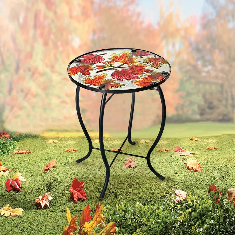Outdoor Mosaic Side Table with Printed Maple Leaf Glass Top-1