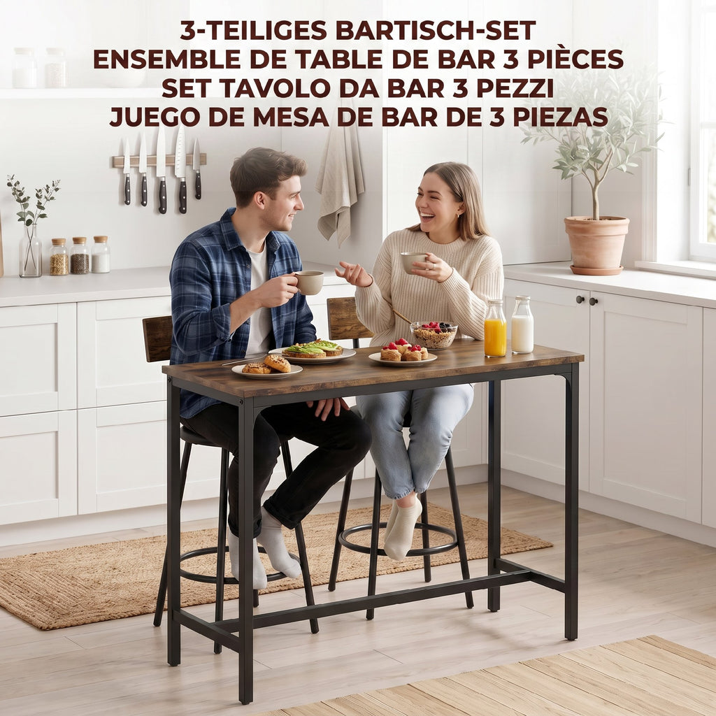 Ensemble Table de Bar avec 2 Tabourets, Table Haute de Cuisine et 2 Chaises de Bar Rembourrées PU, Repose-Pieds, Marron-3