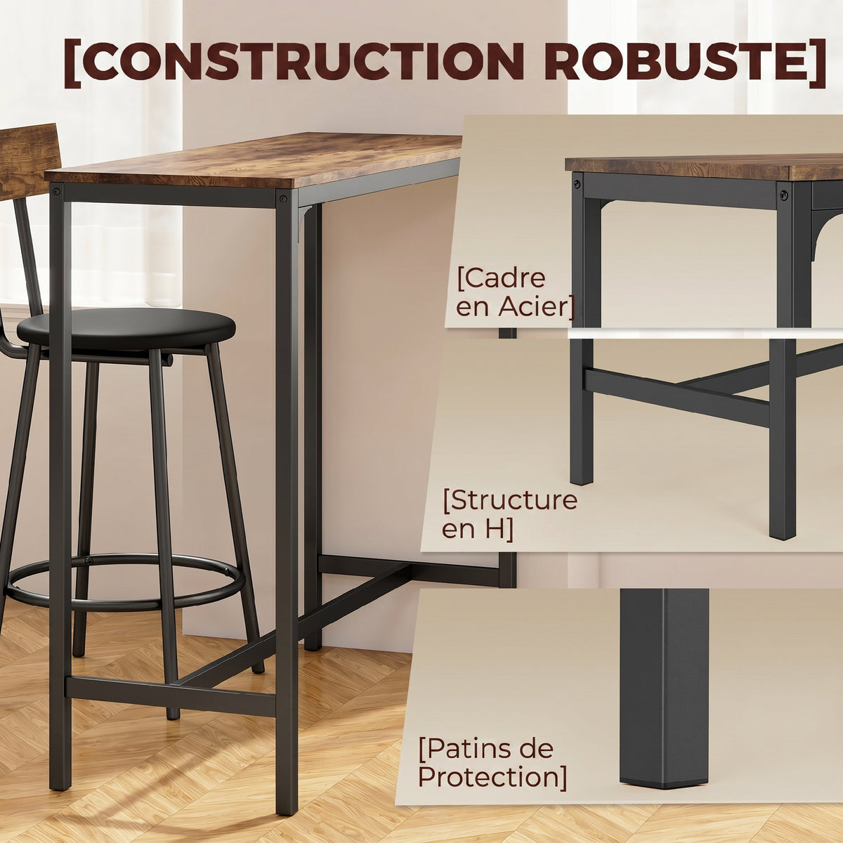 Ensemble Table de Bar avec 2 Tabourets, Table Haute de Cuisine et 2 Chaises de Bar Rembourrées PU, Repose-Pieds, Marron-6