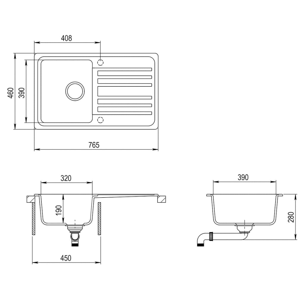 NNEVL Granite Kitchen Sink Single Basin with Drainer Reversible Black-1