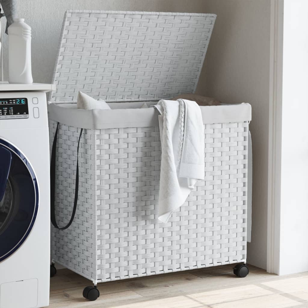 Witte rattan wasmand op wielen, 60 × 35 × 60,5 cm