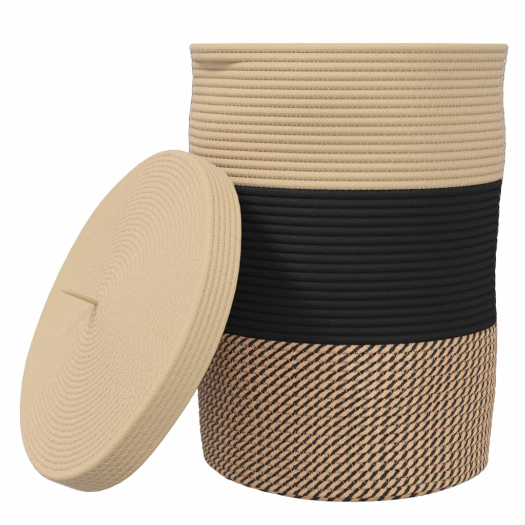 Katoenen Opbergmand met Deksel – Zwart & Beige