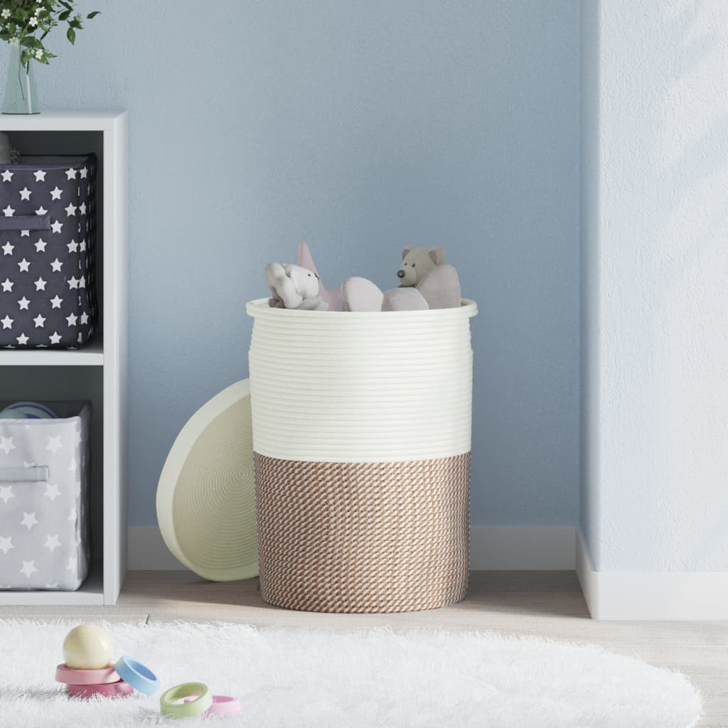 Opbergmand met Deksel – Bruin & Wit Katoen Ø 37 × 50 cm