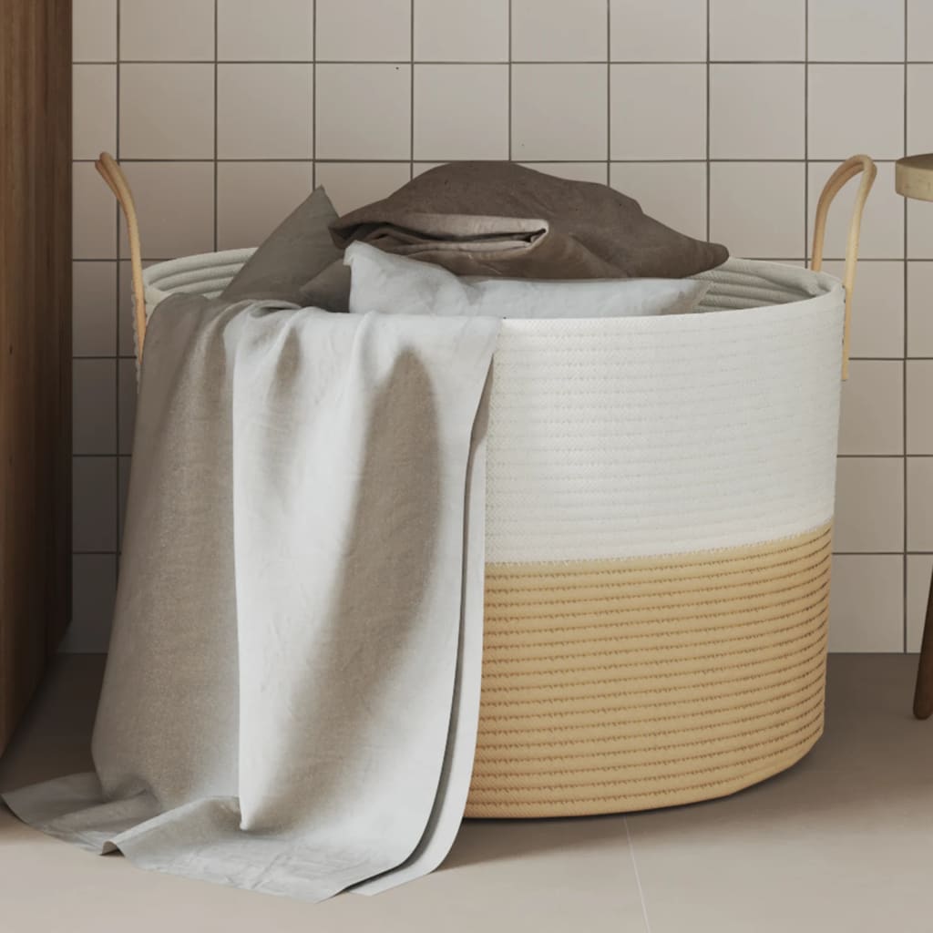 Katoenen opbergmand beige en wit, Ø51 × 33 cm
