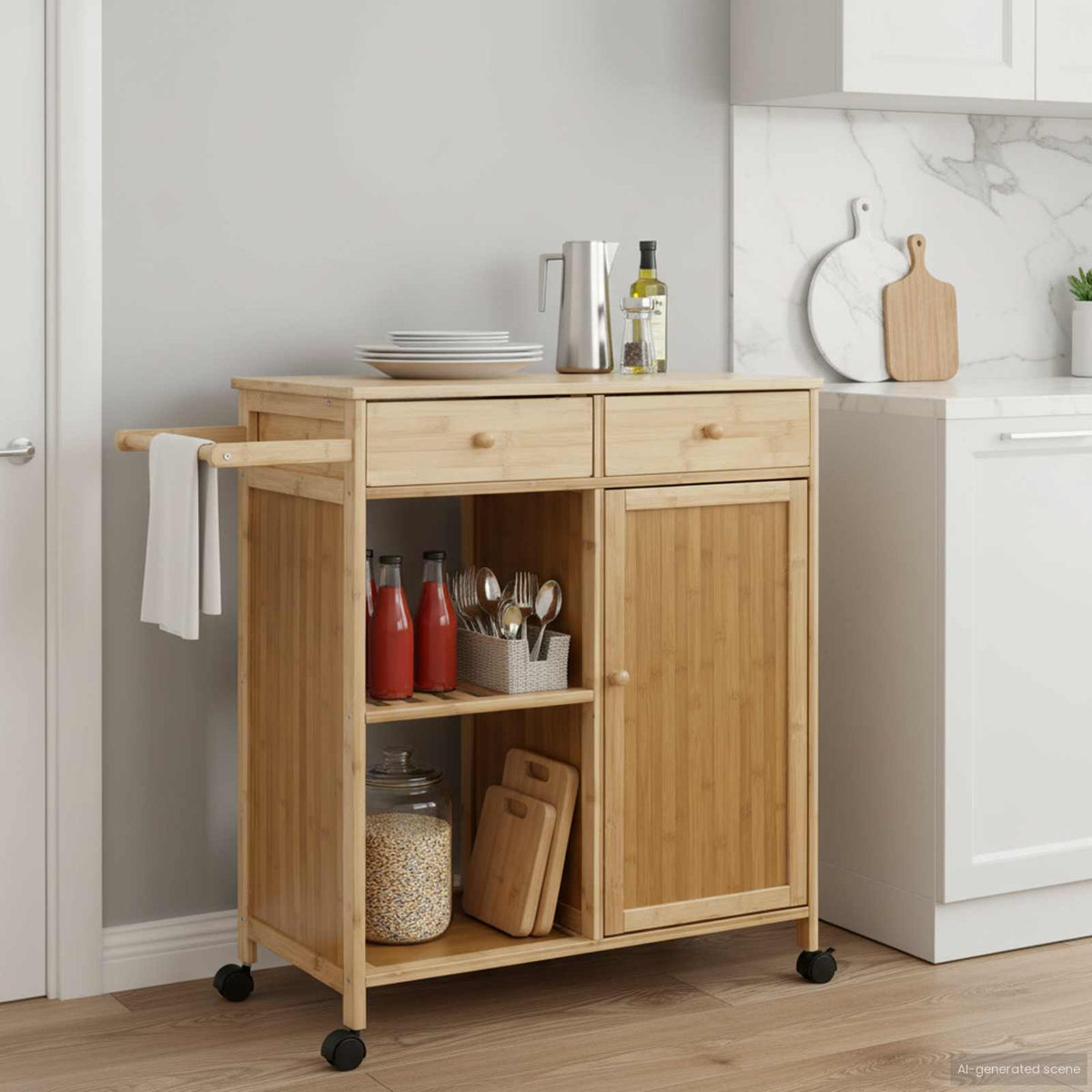 Bamboe keukentrolley op wielen, 90,5 × 36 × 86,5 cm