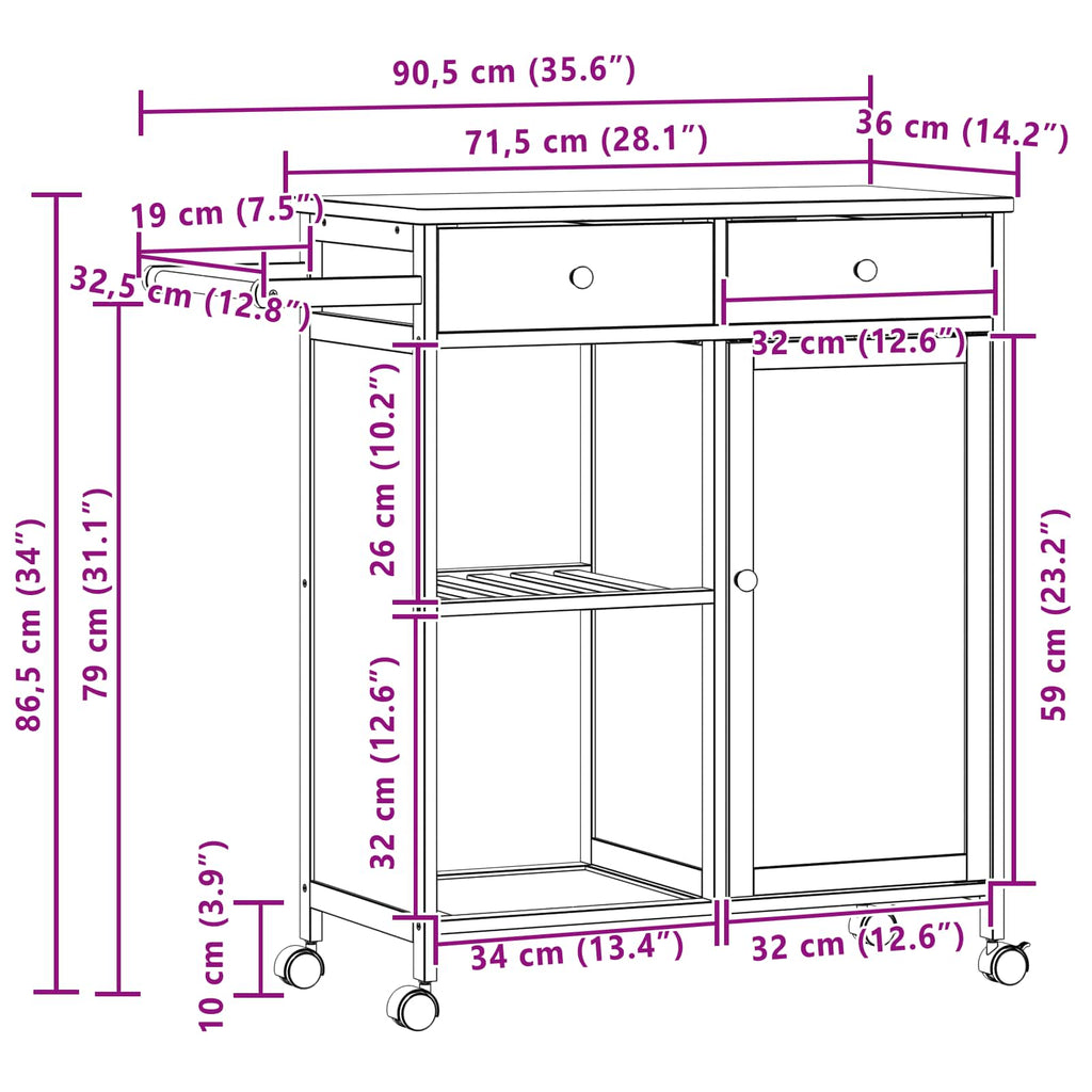Bamboe Keukentrolley op Wielen – 90,5 × 36 × 86,5 cm