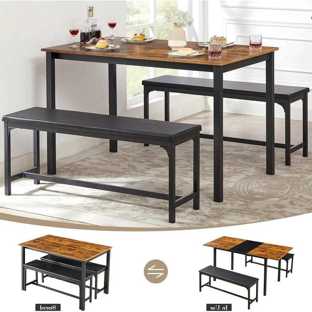 Modern 3-Piece Dining Set with Expandable Kitchen Table and 2 Backless Benches-0