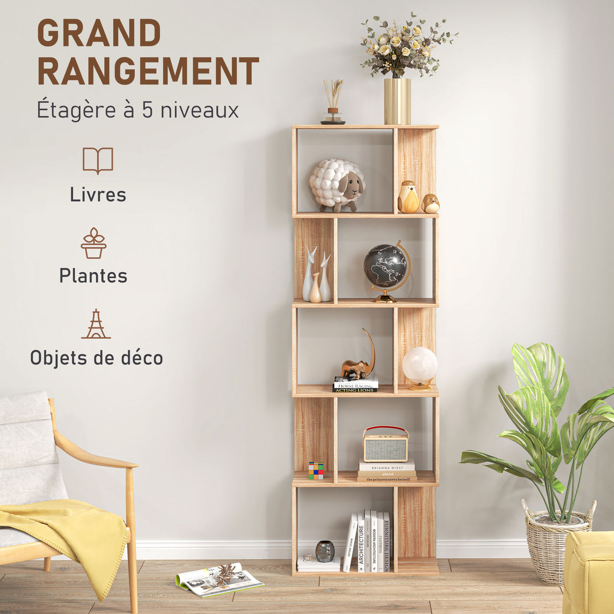 Bibliothèque à 5 niveaux, meuble de rangement en forme de S avec étagères, 60 x 24 x 184,5 cm, effet bois naturel-3