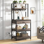 Grey Modern Baker's Rack Kitchen Shelving Unit with Pull-Out Shelves and Drawer-1