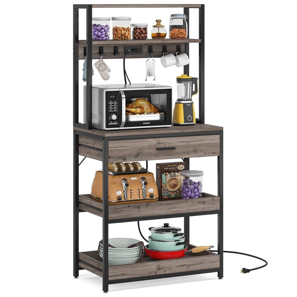 Grey Modern Baker's Rack Kitchen Shelving Unit with Pull-Out Shelves and Drawer-2