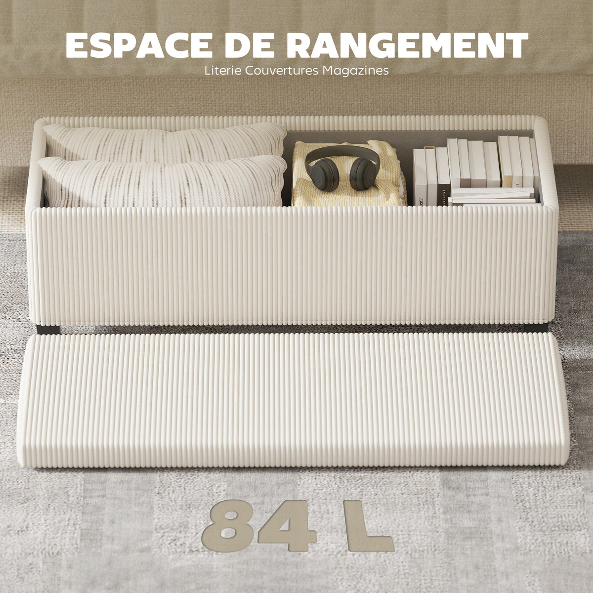 Banc de rangement bout de lit en velours côtelé avec couvercle, pour salon, chambre, entrée, 112 x 42 x 40 cm, beige-5