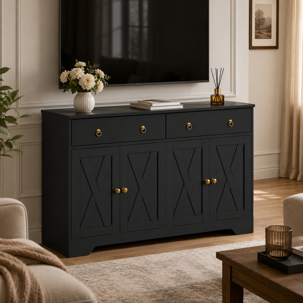 Buffet meuble de rangement armoire de cuisine style rural 2 tiroirs et 2 placards étagères à hauteurs réglables noir-7