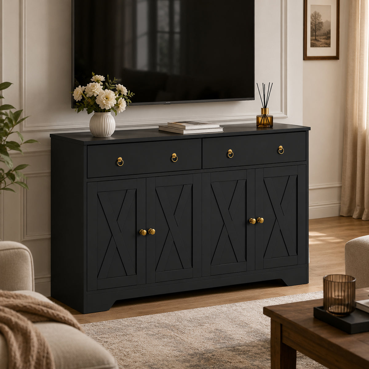 Buffet meuble de rangement armoire de cuisine style rural 2 tiroirs et 2 placards étagères à hauteurs réglables noir-7