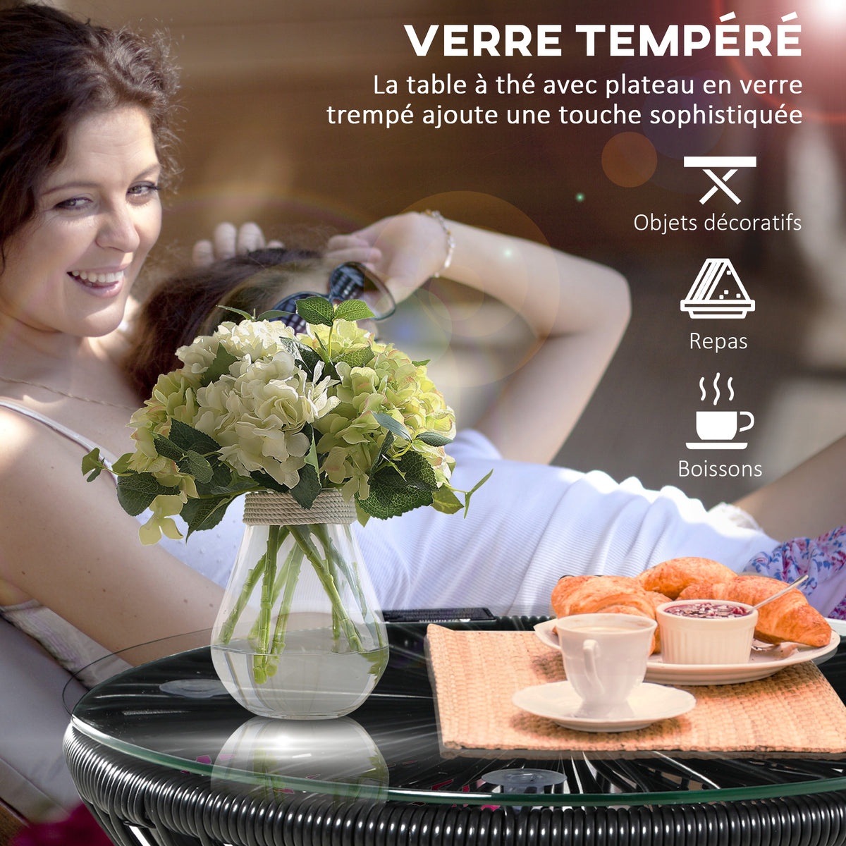 Table de jardin ronde en résine tressée imitation rotin table de bistrot métal plateau verre trempé Ø 40 x 42 cm noir-3