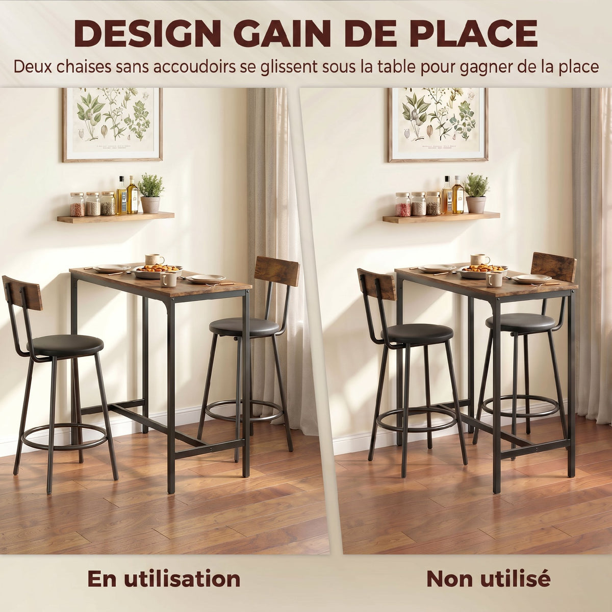 Ensemble Table de Bar avec 2 Tabourets, Table Haute de Cuisine et 2 Chaises de Bar Rembourrées PU, Repose-Pieds, Marron-5