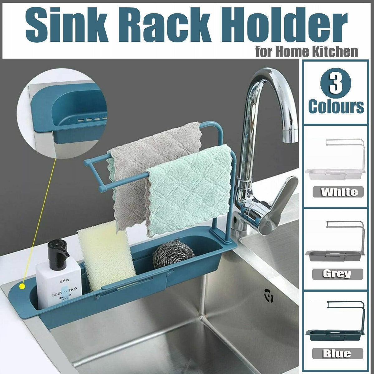 Telescopic Sink Rack Holder Expandable Storage Drain Basket Home Kitchen Kit - Blue-0