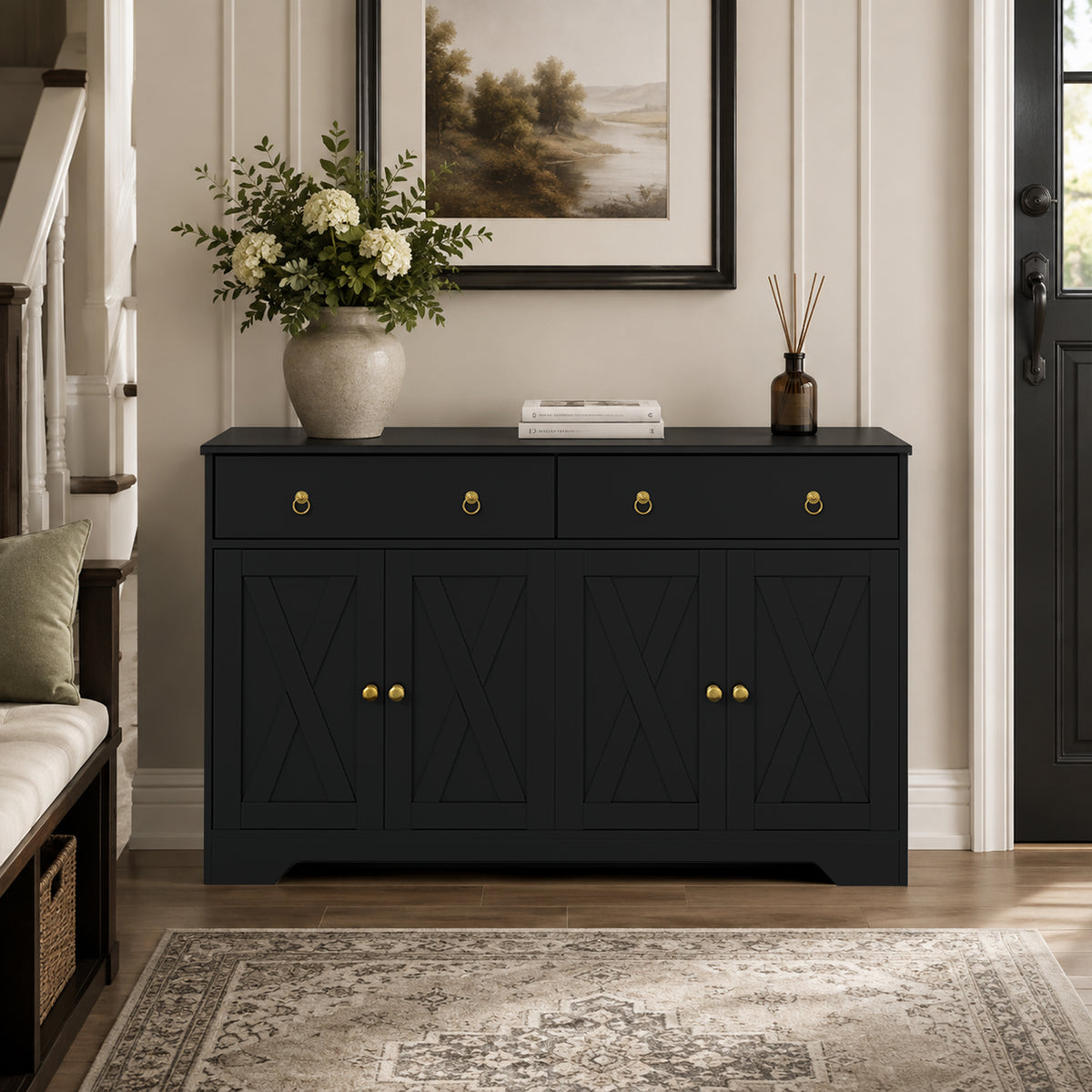 Buffet meuble de rangement armoire de cuisine style rural 2 tiroirs et 2 placards étagères à hauteurs réglables noir-8