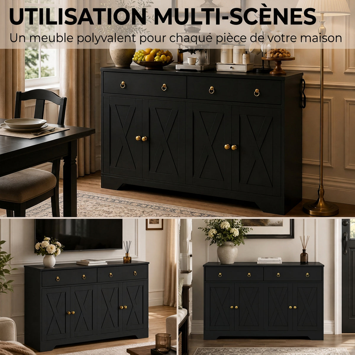Buffet meuble de rangement armoire de cuisine style rural 2 tiroirs et 2 placards étagères à hauteurs réglables noir-3