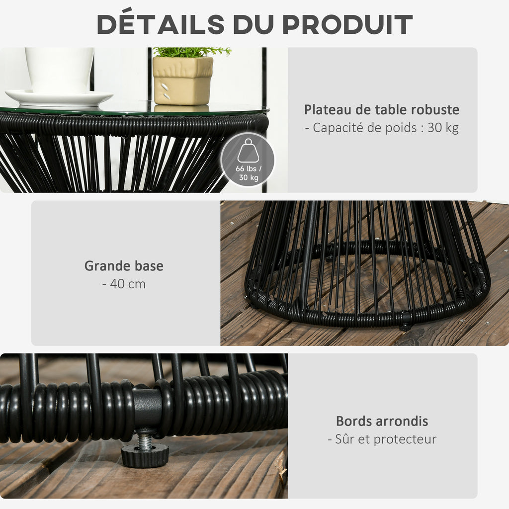 Table de jardin ronde en résine tressée imitation rotin table de bistrot métal plateau verre trempé Ø 40 x 42 cm noir-5