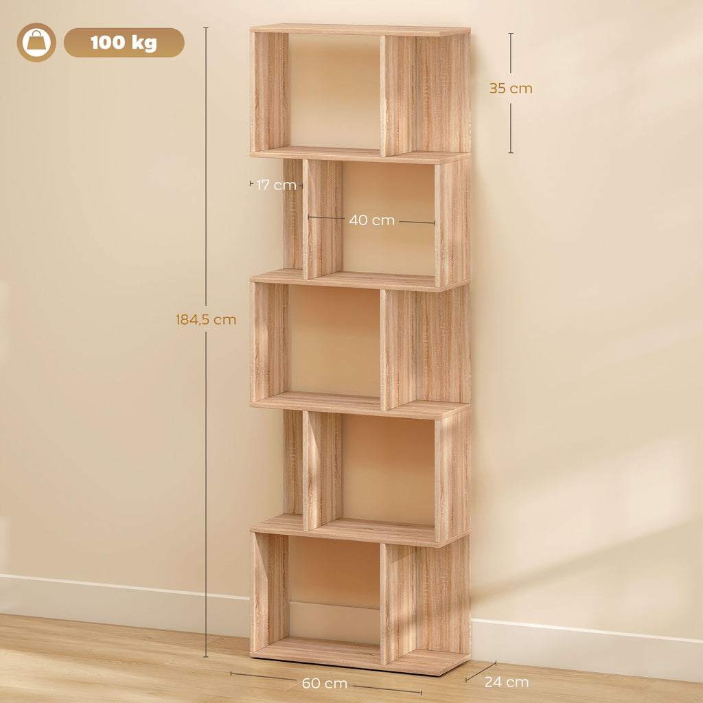 Bibliothèque à 5 niveaux, meuble de rangement en forme de S avec étagères, 60 x 24 x 184,5 cm, effet bois naturel-2