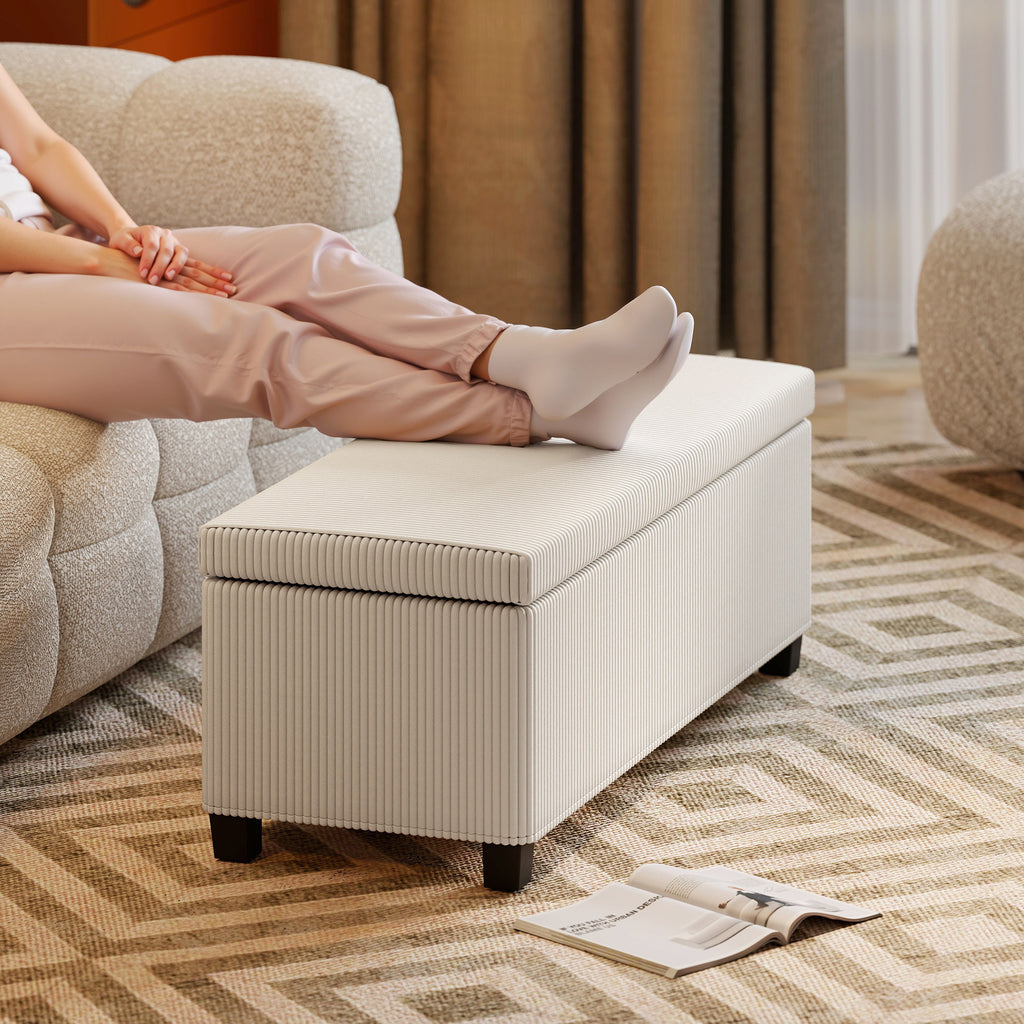 Banc de rangement bout de lit en velours côtelé avec couvercle, pour salon, chambre, entrée, 112 x 42 x 40 cm, beige-7