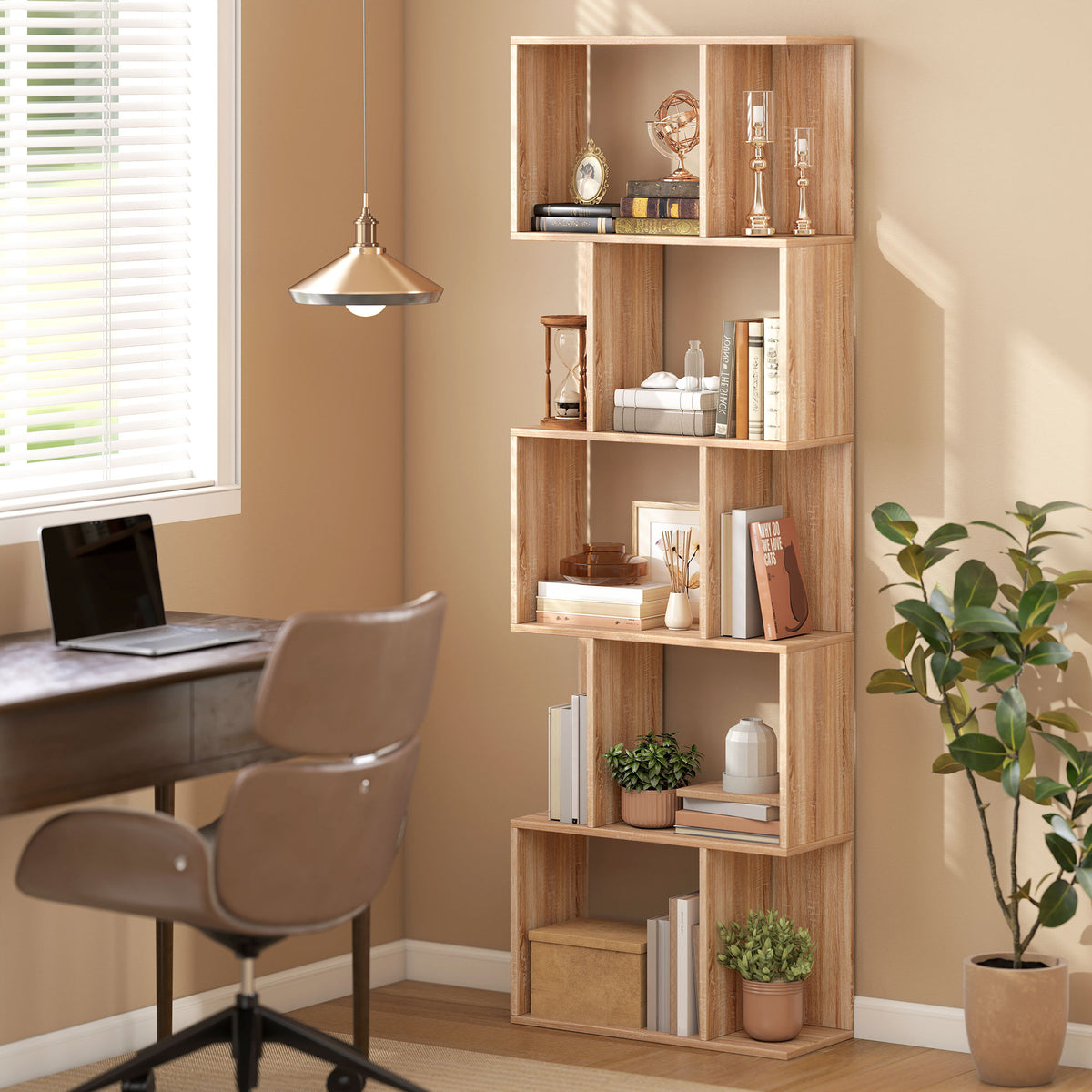 Bibliothèque à 5 niveaux, meuble de rangement en forme de S avec étagères, 60 x 24 x 184,5 cm, effet bois naturel-1