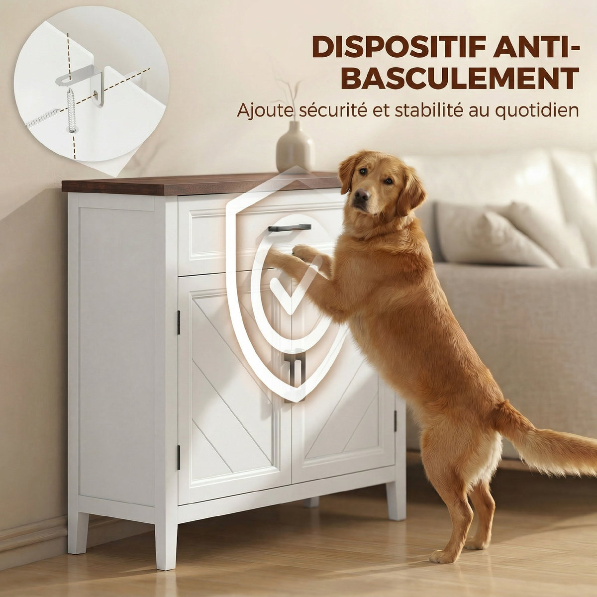 Buffet salon, meuble de rangement avec 2 portes, tiroir et étagère réglable, 76 x 35 x 80 cm, blanc-5