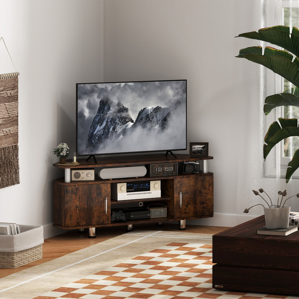 Meuble TV pour téléviseur jusqu'à 55 avec grand plateau, placards à portes et compartiment ouvert, marron-1