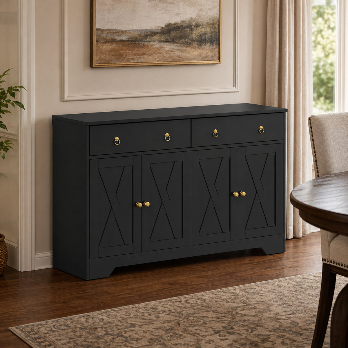Buffet meuble de rangement armoire de cuisine style rural 2 tiroirs et 2 placards étagères à hauteurs réglables noir-1
