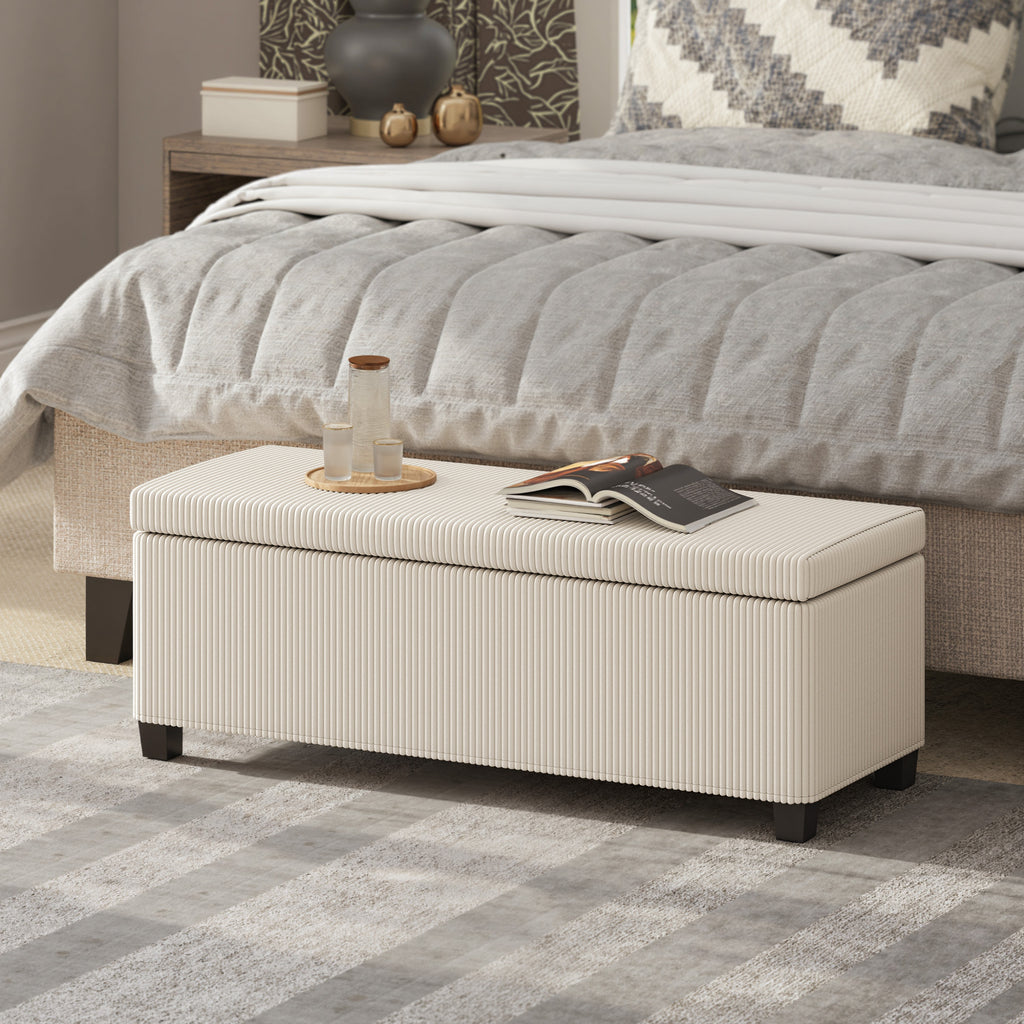 Banc de rangement bout de lit en velours côtelé avec couvercle, pour salon, chambre, entrée, 112 x 42 x 40 cm, beige-1