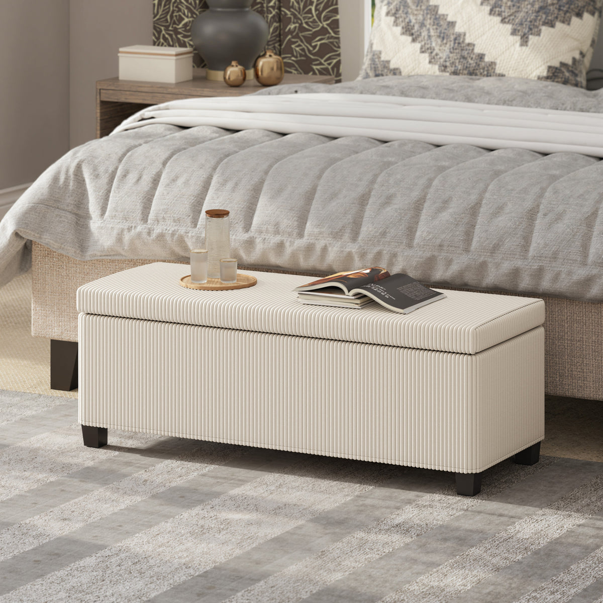 Banc de rangement bout de lit en velours côtelé avec couvercle, pour salon, chambre, entrée, 112 x 42 x 40 cm, beige-1