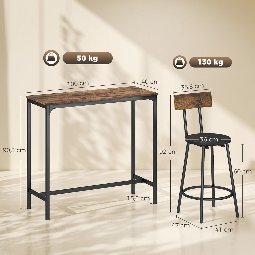Ensemble Table de Bar avec 2 Tabourets, Table Haute de Cuisine et 2 Chaises de Bar Rembourrées PU, Repose-Pieds, Marron-2