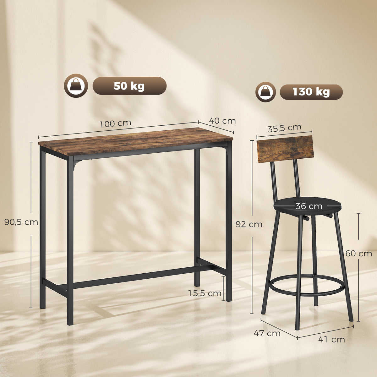 Ensemble Table de Bar avec 2 Tabourets, Table Haute de Cuisine et 2 Chaises de Bar Rembourrées PU, Repose-Pieds, Marron-2