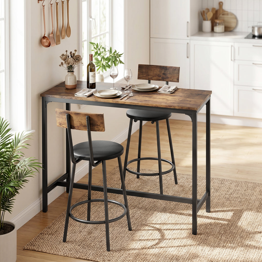 Ensemble Table de Bar avec 2 Tabourets, Table Haute de Cuisine et 2 Chaises de Bar Rembourrées PU, Repose-Pieds, Marron-1