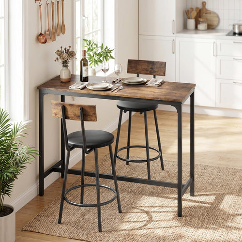 Ensemble Table de Bar avec 2 Tabourets, Table Haute de Cuisine et 2 Chaises de Bar Rembourrées PU, Repose-Pieds, Marron-1