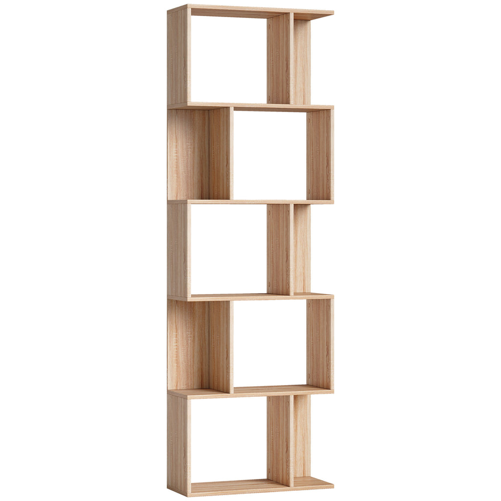 Bibliothèque à 5 niveaux, meuble de rangement en forme de S avec étagères, 60 x 24 x 184,5 cm, effet bois naturel-0
