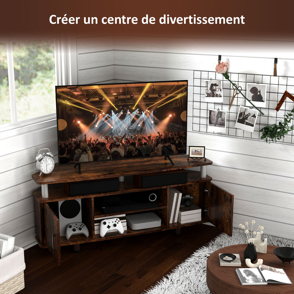 Meuble TV pour téléviseur jusqu'à 55 avec grand plateau, placards à portes et compartiment ouvert, marron-6