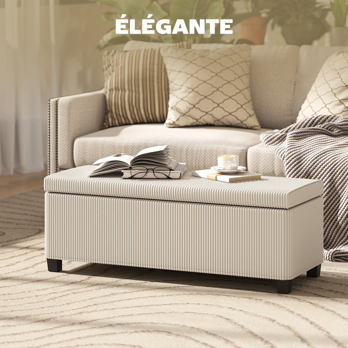 Banc de rangement bout de lit en velours côtelé avec couvercle, pour salon, chambre, entrée, 112 x 42 x 40 cm, beige-3