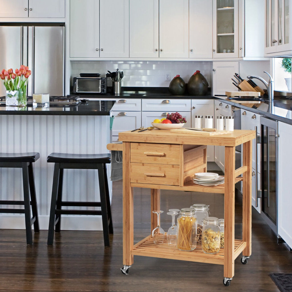 NNECW Rolling Bamboo Kitchen Island Cart with Drawers & Shelves for Dining Room-0