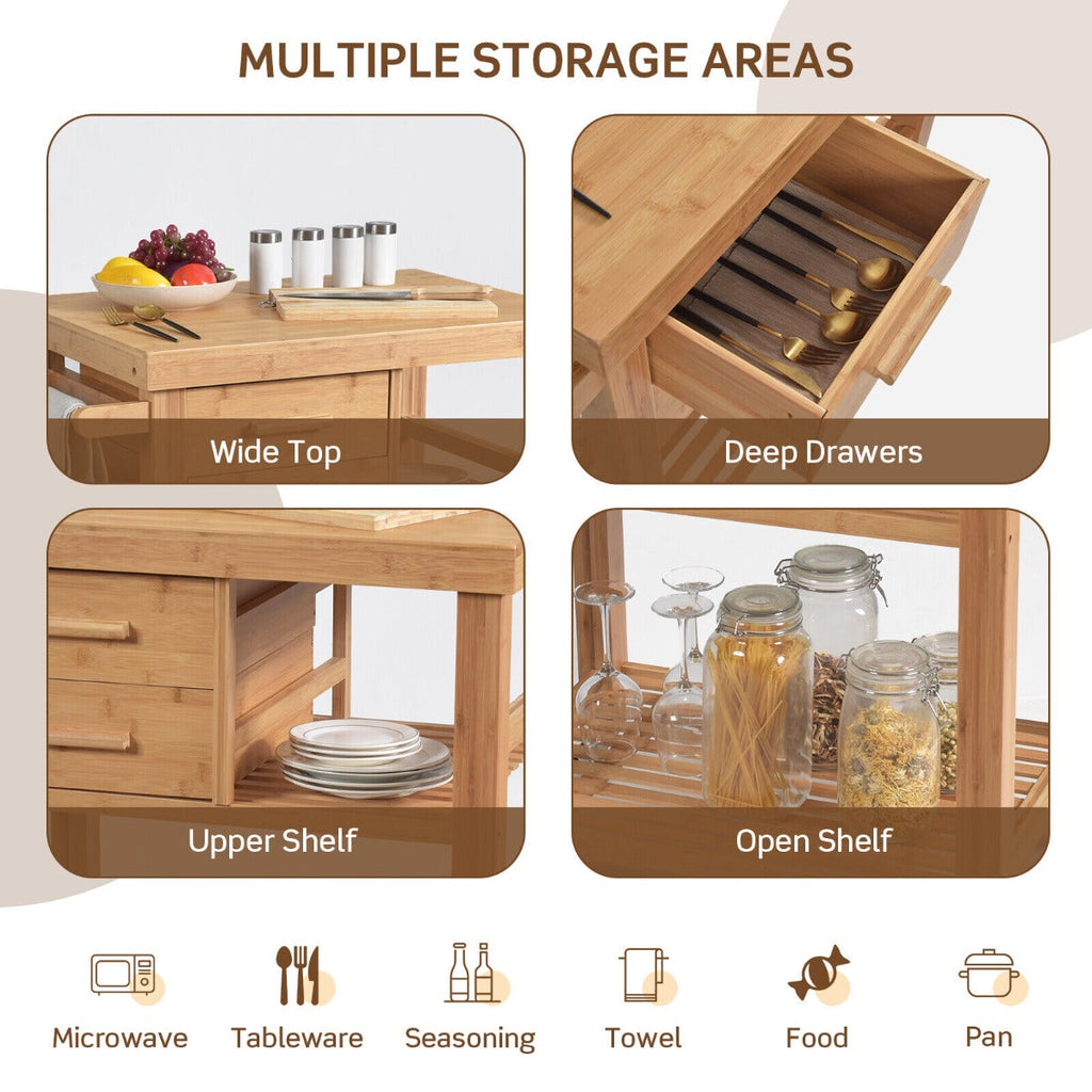 NNECW Rolling Bamboo Kitchen Island Cart with Drawers & Shelves for Dining Room-4