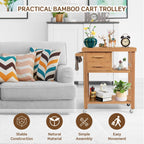 NNECW Rolling Bamboo Kitchen Island Cart with Drawers & Shelves for Dining Room-2