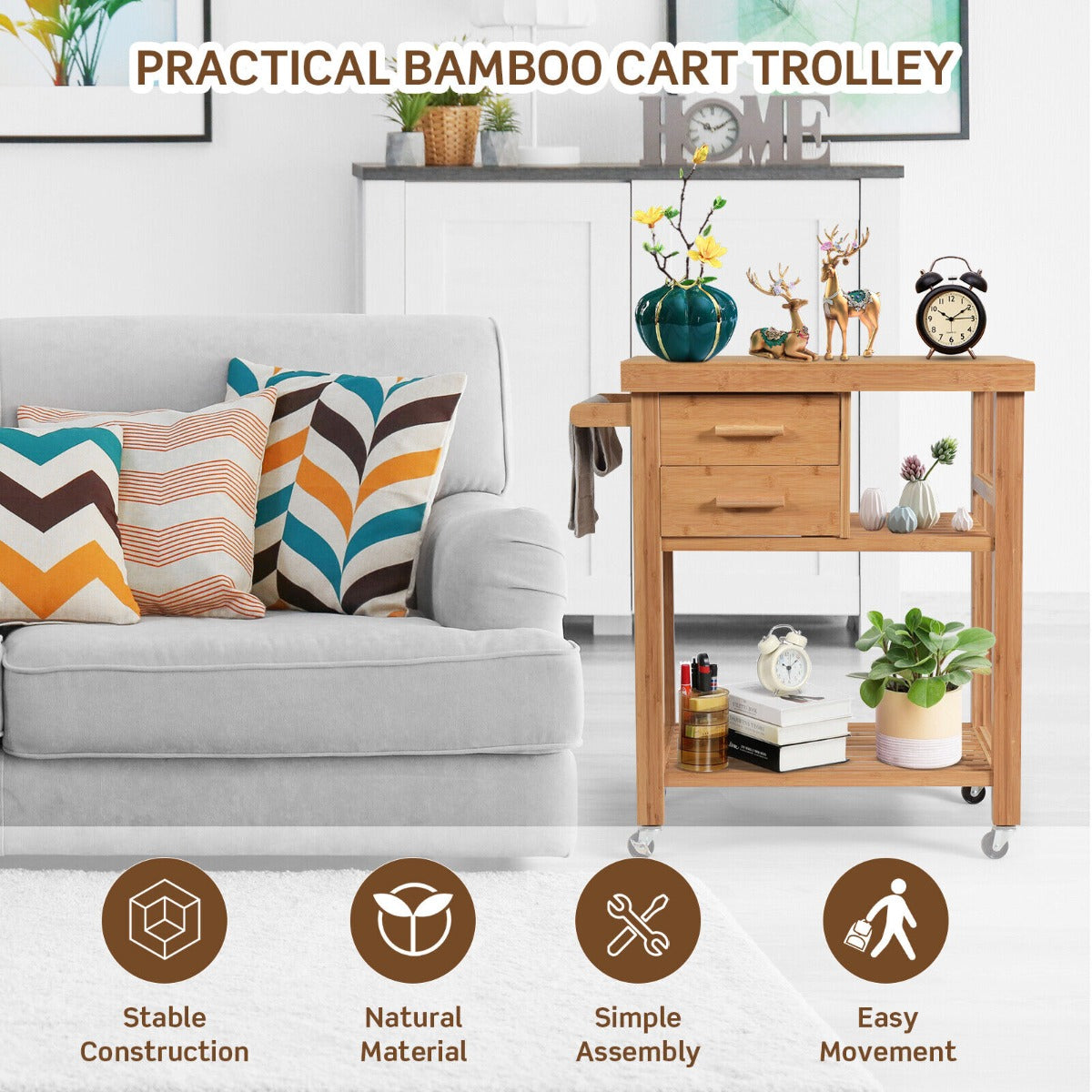 NNECW Rolling Bamboo Kitchen Island Cart with Drawers & Shelves for Dining Room-2