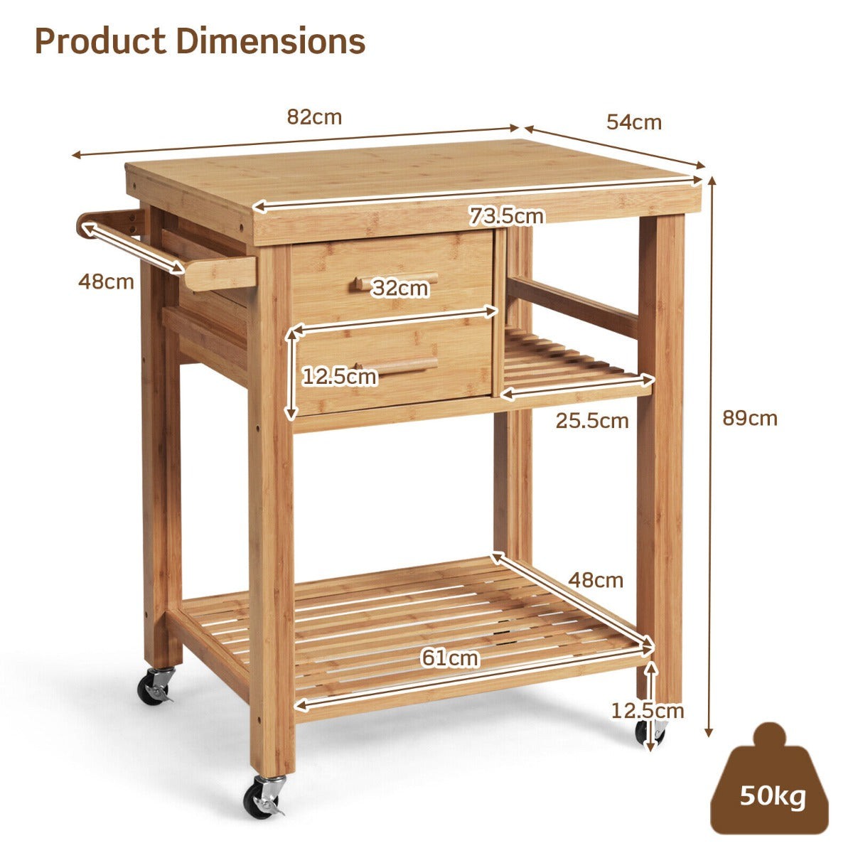 NNECW Rolling Bamboo Kitchen Island Cart with Drawers & Shelves for Dining Room-3