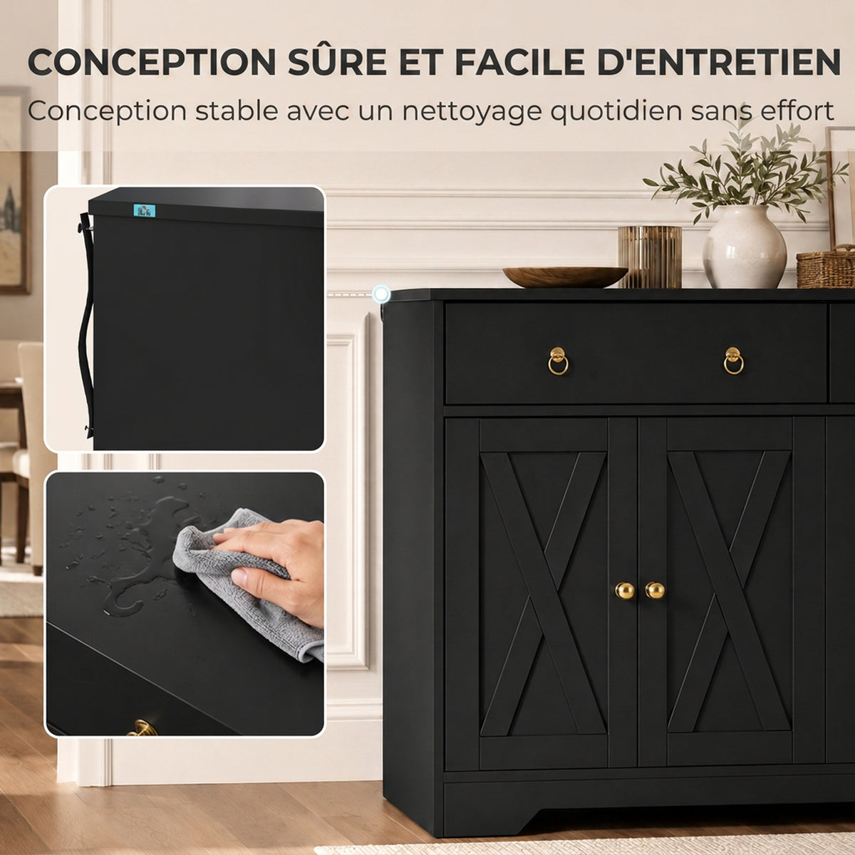 Buffet meuble de rangement armoire de cuisine style rural 2 tiroirs et 2 placards étagères à hauteurs réglables noir-6