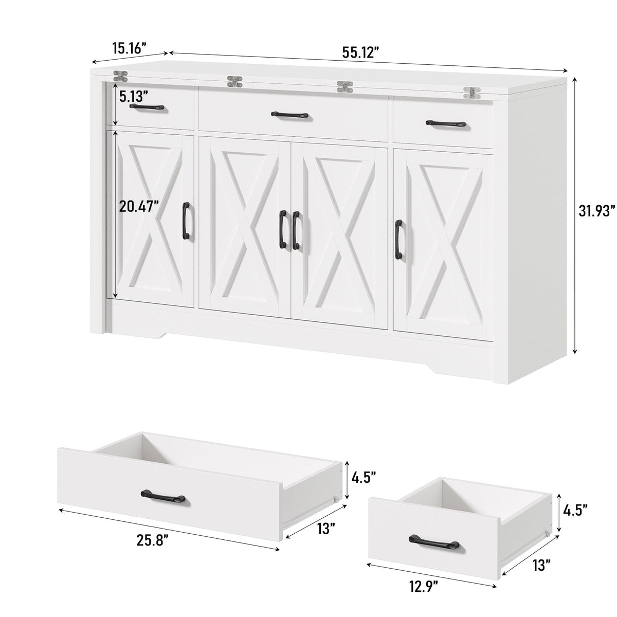 15"–30" Expandable Sideboard with 3 Drawers, White - Yanosaku-1