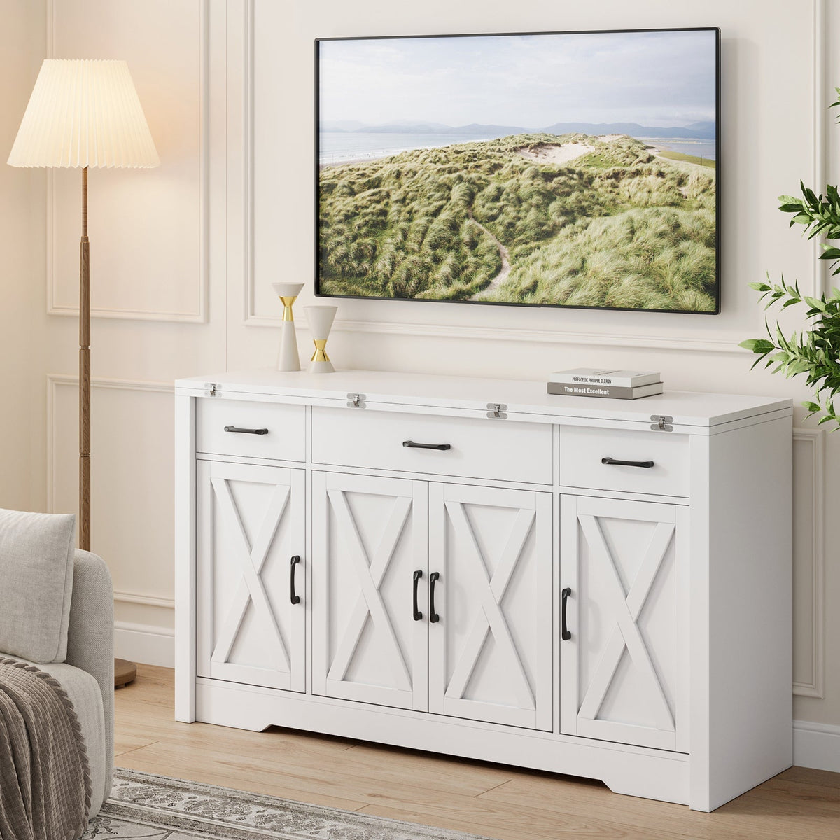 15"–30" Expandable Sideboard with 3 Drawers, White - Yanosaku-2