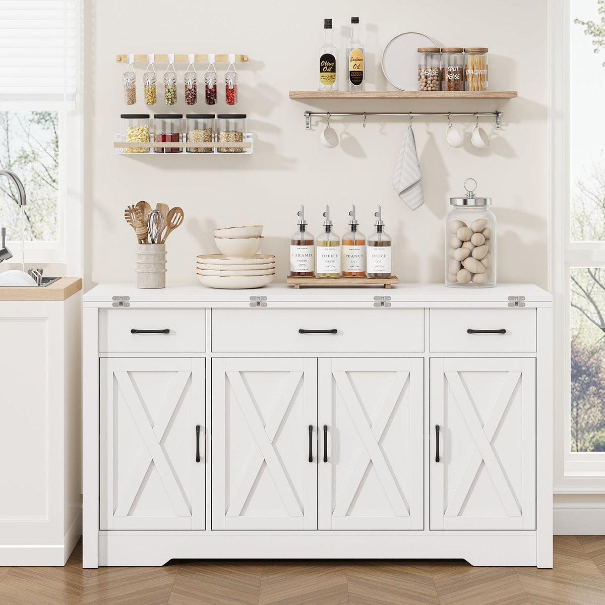 15"–30" Expandable Sideboard with 3 Drawers, White - Yanosaku-3