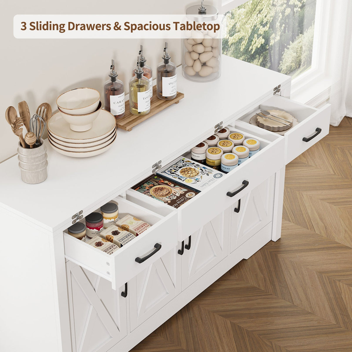 15"–30" Expandable Sideboard with 3 Drawers, White - Yanosaku-4