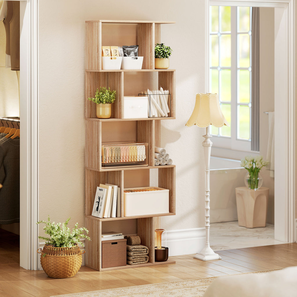 Bibliothèque à 5 niveaux, meuble de rangement en forme de S avec étagères, 60 x 24 x 184,5 cm, effet bois naturel-8